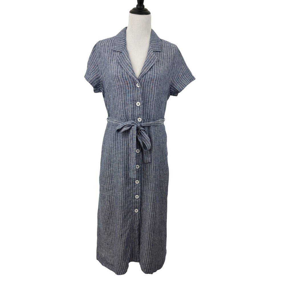 Quince 100% European Linen Button Front Dress Size M Chambray Stripe Midi Pocket - Picture 2 of 10